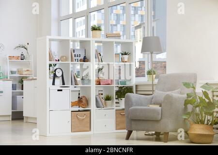 Immagine di una moderna camera domestica con poltrona e libreria in casa Foto Stock