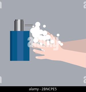 Illustrazione vettoriale digitale di un dispenser di sapone con un paio di mani che si lavano. Importante per prevenire la diffusione della pandemia del Covid 19 Illustrazione Vettoriale