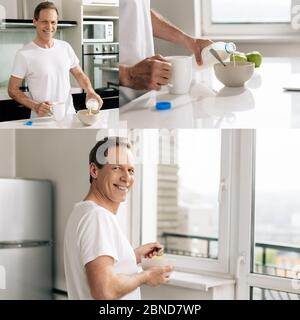 collage di uomo felice che versa il latte in una ciotola con cornflakes vicino al computer portatile Foto Stock