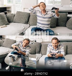 KIEV, UCRAINA - 14 APRILE 2020: Collage di uomo che gioca a video gioco vicino smartphone con schermo vuoto sul tavolino da caffè Foto Stock