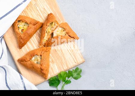 Tatar tradizionale pasticceria triangolare con patate, cipolla, carne su fondo neutro. Immagine con spazio di copia, vista dall'alto Foto Stock