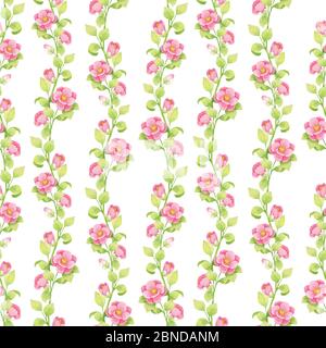 Acquerello motivo senza giunture di fiori rosa e ramoscelli verdi, foglie isolate su sfondo bianco. Camelia giapponese Foto Stock