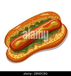 Hot Dog con lattuga e senape su sfondo bianco Illustrazione Vettoriale