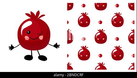 carattere melograno. Carino frutto cartoon. Illustrazione isolato su uno sfondo bianco. Frutta modello senza cuciture. Foto Stock