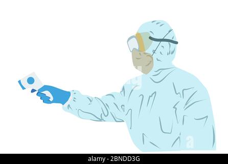 uomo in tuta protettiva. misurazione della temperatura. Il medico in speciali indumenti protettivi. Illustrazione isolata su sfondo bianco. Coronavirus Foto Stock