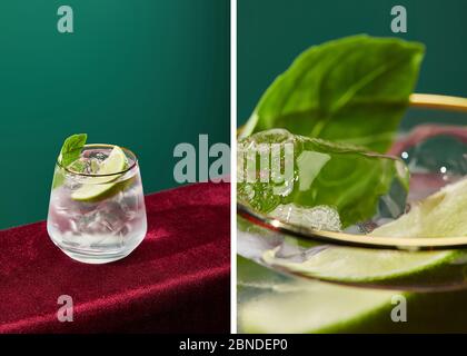 collage di bicchieri antichi con mojito, lime e foglie di menta isolate su verde Foto Stock