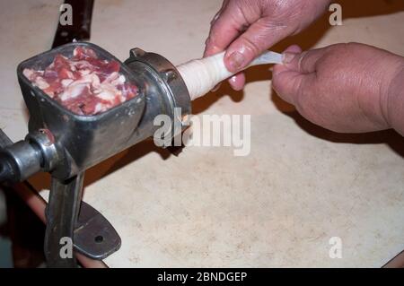 Produzione di salsiccia fatta in casa. Ripieno intestino di maiale con meat.The immagine mostra una donna che tira budello sul tubo di un macinacaffè di carne. è possibile visualizzare pa Foto Stock