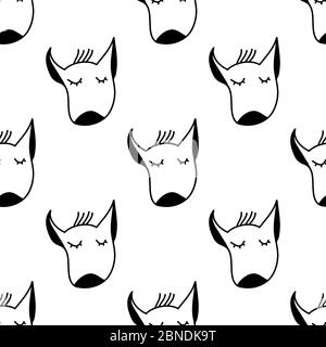 Modello senza cuciture realizzato con testa a doodle di cane bull terrier con occhi chiusi. Isolato su sfondo bianco. Illustrazione del vettore. Illustrazione Vettoriale