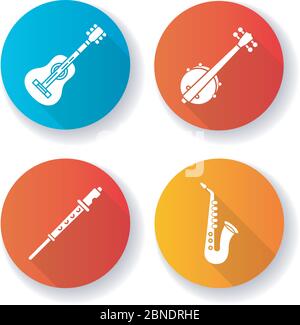Strumenti musicali orchestrali design piatto icone glifo a lunga ombra Illustrazione Vettoriale