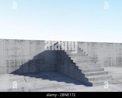 Interno astratto in cemento, scale salgono sul muro, superano le difficoltà metafora, rappresentazione 3d illustrazione Foto Stock