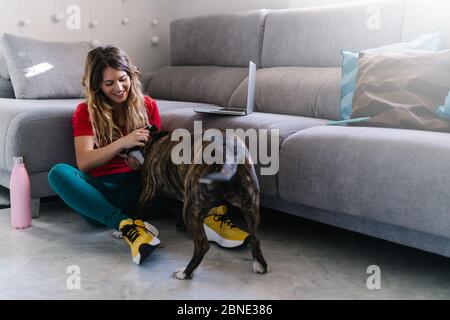 donna seduta sul pavimento che gioca con il suo cane accanto al divano a casa Foto Stock