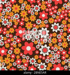 Fiori semplici piatti senza cuciture motivo. Fiore colorato messo casualmente su sfondo nero. Fiori stilizzati astratti che avvolgono la texture floreale. Vettore Illustrazione Vettoriale