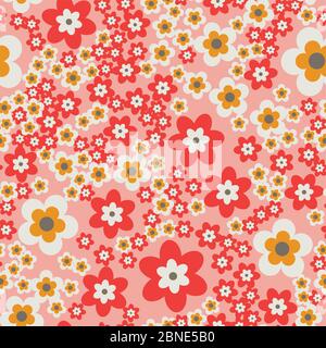 Fiori semplici piatti senza cuciture motivo. Fiore colorato casualmente posto su sfondo rosa. Fiori stilizzati astratti che avvolgono la texture floreale. Vettore e Illustrazione Vettoriale