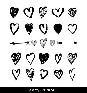 Icone di cuore e frecce disegnate a mano insieme in stile doodle. Elementi di design abbozzati per San Valentino o matrimonio. Simboli d'amore neri isolati su bianco. Ve Illustrazione Vettoriale