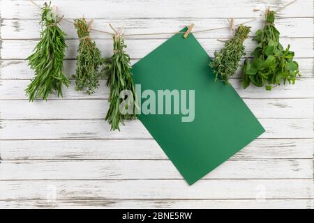 aromi profumati di erbe verdi, timo, rosmarino, rucola e coriandolo essiccati su corda. su fondo di legno bianco. mockup giallo. spazio per copia Foto Stock