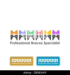 Modello concettuale per il design del logo Dental Braces Care, isolato su sfondo bianco. Illustrazione Vettoriale