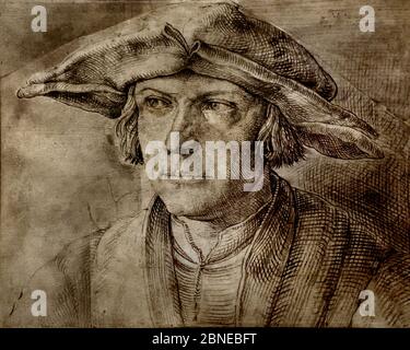 Ritratto dell'uomo dal davanti, con cappello a ciottola di Lucas van LEYDEN, 1494-1533, Leiden, Paesi Bassi, Foto Stock