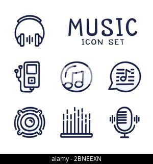 Set di cartoni animati disegnati a mano di icone di linee vettoriali relative all'audio musicale. Contiene icone come Nota, disco, microfono e molto altro. Illustrazione Vettoriale