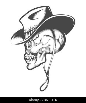 Cranio disegnato a mano in un tatuaggio Cowboy Hat. Vista laterale. Illustrazione vettoriale. Illustrazione Vettoriale