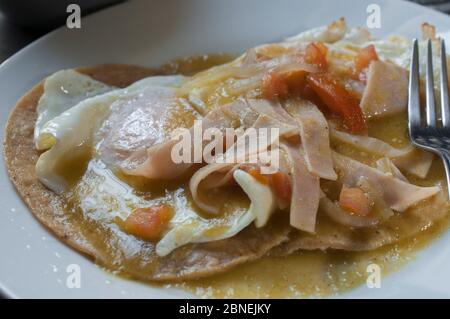 Concetto di macro fotografia o primo piano, colazione messicana huevos rancheros con prosciutto e salsa piccante Foto Stock