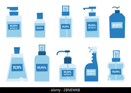 liquido alcolico, flacone spray pompa / disinfezione medica, antisettico, soluzione disinfettante etanolo al 75%, assistenza sanitaria / piatta, isolato, cerchio, segno an Illustrazione Vettoriale