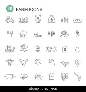 Semplice set di icone della linea vettoriale relative alla carne. Tratto modificabile. Attrezzature agricole. Illustrazione Vettoriale