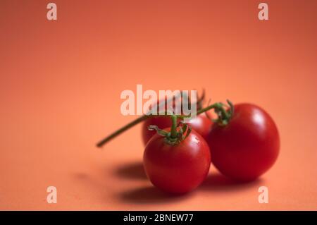 Tre pomodori ciliegini sul ramo su sfondo arancione e spazio per i testi Foto Stock