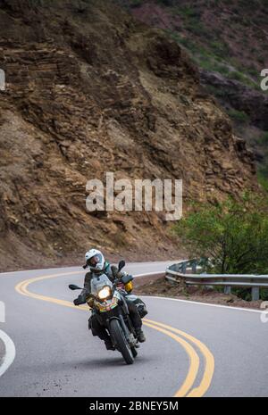 Donna in moto touring a cavallo strada tortuosa in Argentina Foto Stock