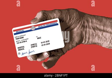 Una mano anziana tiene una carta di assicurazione sanitaria Medicare degli Stati Uniti che è generica o simulata. L'immagine è isolata su uno sfondo rosso ed è un'immagine vettoriale. Illustrazione Vettoriale