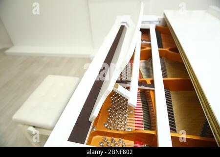 Musica suonata dall'antico pianoforte rovinato. Martelli in pianoforte abbandonato che colpisce corde sintonizzate per produrre la nota quando un tasto piano è premuto. Foto Stock