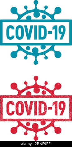 I badge con inchiostro rosso e solido turchese Covid-19 con nuove icone di Coronavirus su sfondo bianco. Illustrazione Vettoriale