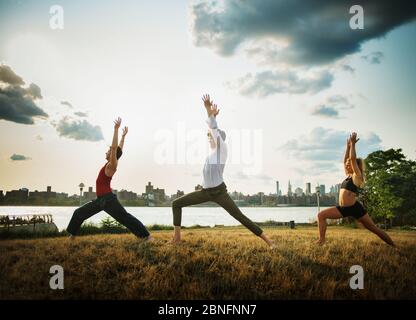 Gruppo di persone che fanno yoga nel parco Foto Stock