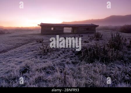 WY04317-00....WYOMING - Alba in una mattinata di nebbia al Cunningham Cabain Historic Site nel Grand Teton National Park. Foto Stock