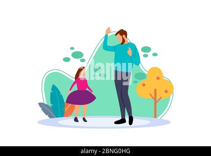 Illustrazione piatta di papà e bambina che ballano felicemente a casa. Personaggi cartoni animati con il concetto di affetto del padre per le ragazze. Illustrazione Vettoriale