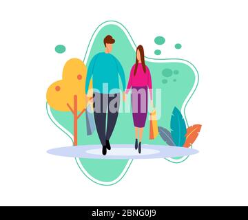 Illustrazione piatta di ragazzo e ragazza che camminano e mano in mano dallo shopping. Personaggi cartoni animati con il concetto di una coppia felice. Illustrazione Vettoriale