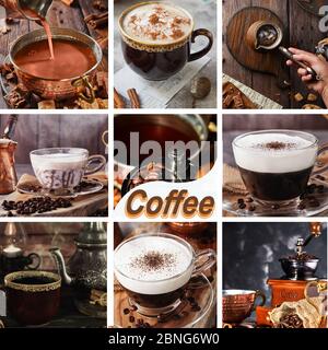 Collage di foto di caffè in diverse tazze con vapore. L'iscrizione caffè Foto Stock