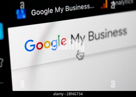 Sankt-Petersburg, Russia, 11 maggio 2020: Pagina iniziale di Google My Business su Apple iMac, primo piano. Icona Google My Business. Google la mia appica aziendale Foto Stock