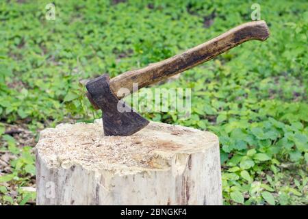 vecchia ascia arrugginita un lungo tempo servito Foto Stock