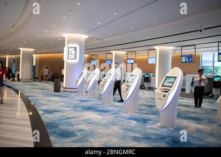 SINGAPORE - Giugno 2019: Un viaggiatore presso l'apparecchio di check-in self-service al Terminal 4, Aeroporto Changi di Singapore. L'aeroporto di Changi è un importante aeroporto civile Foto Stock