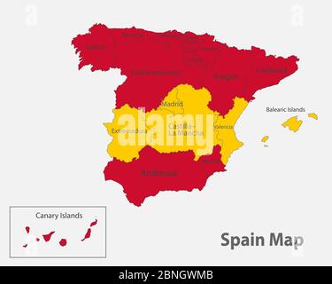 Mappa della Spagna nei colori della bandiera con vettore divisioni amministrative Illustrazione Vettoriale