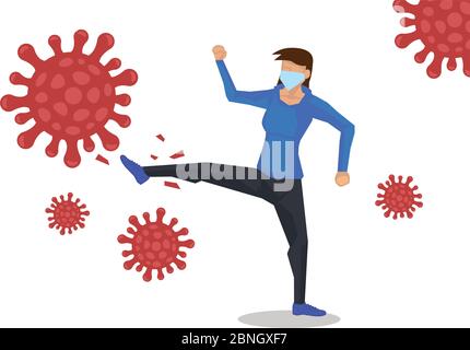Lotta femminile con il coronavirus. Protezione da virus o concetto di assistenza sanitaria. Illustrazione vettoriale. Illustrazione Vettoriale