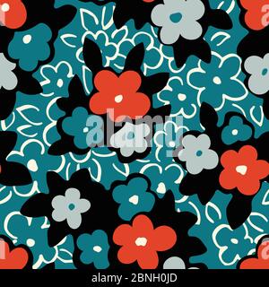 Colorati Drawn Artistic Naive Daisy Flowers contorni su Aqua background Vector Seamless Pattern Illustrazione Vettoriale