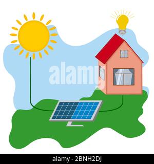 Schema del sistema di energia solare domestico. Pannello a celle solari per la casa, energia verde pulita alternativa, concetto ecologico e di sostenibilità Foto Stock