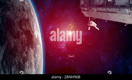 Sfondo dello spazio. Astronauta lavora nello spazio con la stazione spaziale internazionale del pianeta e il pianeta. Elementi arredati dalla NASA. Rendering 3D Foto Stock