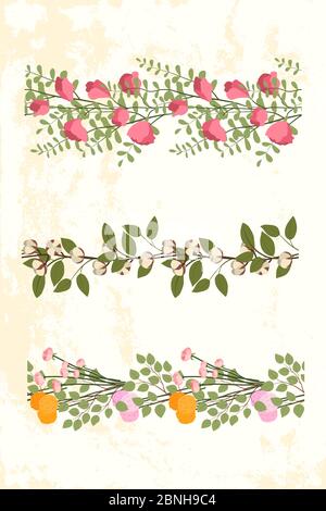 Bordo floreale vettoriale senza cuciture. Fiore di semi di pisello, mazzo di fiori rosa, ramo di cotone, foglie verdi. Design per carta, tessuto, biglietto d'auguri, tessuto. Illustrazione Vettoriale