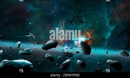 Sfondo dello spazio. Nebulosa frattale colorata con astronave e asteroidi. Elementi arredati dalla NASA. Rendering 3D Foto Stock