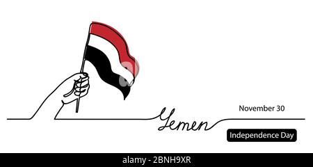 Yemen Independence Day vettore bandiera sfondo. Un disegno a linea continua con scritta a mano, bandiera e Yemen Illustrazione Vettoriale