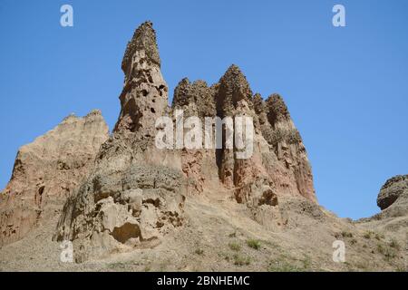 Torri di pesantemente eroso e weathered arenaria molle / conglomerato, Miljevina, nei pressi di Foca, Bosnia e Erzegovina, Luglio 2015 Foto Stock