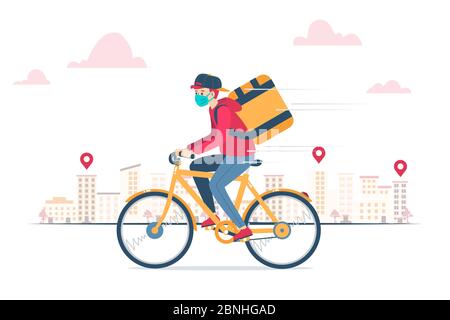 Illustrazione vettoriale di un corriere di consegna, indossando una maschera a causa del coronavirus, che consegna un ordine su una bicicletta Foto Stock