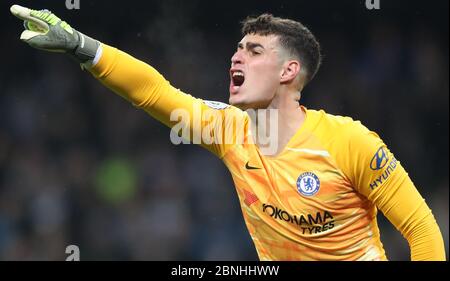 Chelsea goalkeeper Kepa Arrizabalaga durante il match di Premier League al Etihad Stadium e Manchester. Foto Stock